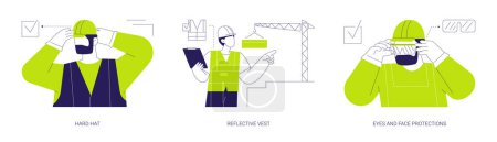 Personal safety gear at construction site abstract concept vector illustration set. Hard hat, reflective vest, eyes and face protections, contractor uniform, protected lenses abstract metaphor.