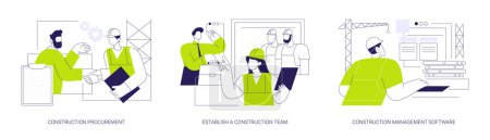 Hiring general contractor abstract concept vector illustration set. Construction procurement, hiring subcontractor, field engineer, construction management software abstract metaphor.