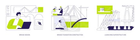 Illustration for Bridge building abstract concept vector illustration set. Bridge design and foundation construction, launching superstructure, professional architect software, floating crane abstract metaphor. - Royalty Free Image