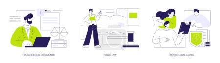 Law firm service abstract concept vector illustration set. Prepare legal documents, public law, provide legal advice, contract and patent application, rights protection abstract metaphor.