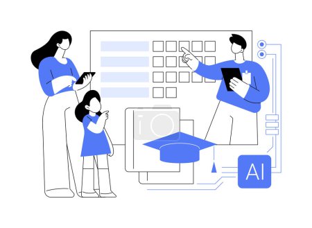 Ilustración del vector conceptual abstracto AI-Enhanced Parent-Teacher Communication. Educación. Los padres y educadores se comunican con herramientas de IA y actualizaciones de progreso. Tecnología AI. metáfora abstracta.
