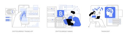 Téléchargez les photos : Cryptocurrency trade isolated cartoon vector illustrations set. Person using crypto exchange app, cryptocurrency mining, blockchain ledger, automated trading system, robo-adviser vector cartoon. - en image libre de droit