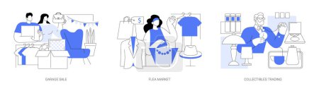 Téléchargez les illustrations : Buying used goods isolated cartoon vector illustrations set. Young couple making garage sale near home, selling second hand goods on flea market, collectibles trading, antiques shop vector cartoon. - en licence libre de droit