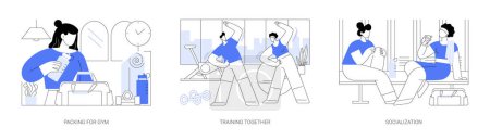 Fitness club isolated cartoon vector illustrations set. Packing for gym, training together, socialization, gym locker room, fitness training with a friend, bodybuilding workout vector cartoon.