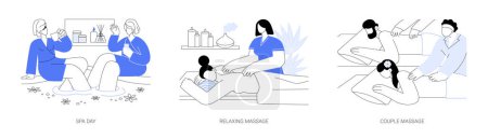 Illustration for Spa salon isolated cartoon vector illustrations set. Diverse girls in bathrobes having spa day, professional makes relaxing massage, couple visit salon together, pampering resort vector cartoon. - Royalty Free Image
