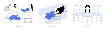 Illustration for Spa rituals isolated cartoon vector illustrations set. Happy couple relaxing in wet sauna together, floating procedure, wellness and spa salon, woman taking medical cryotherapy vector cartoon. - Royalty Free Image