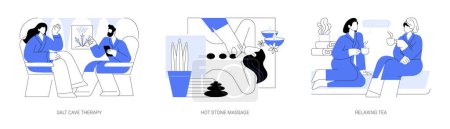 Wellness und Wellness-Rituale isoliert Cartoon-Vektor-Illustrationen gesetzt. Diverse Menschen nehmen Salzhöhlentherapie, Hot-Stone-Massage im Salon, Mädchen in Bademänteln trinken entspannenden Tee Vektor Cartoon.