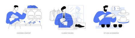 Illustration for Style and fashion isolated cartoon vector illustrations set. Choosing comfortable sport shoes, wearing classic elegant suit, looking in the mirror, buying stylish accessories vector cartoon. - Royalty Free Image