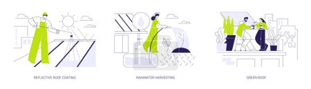 Eco-friendly building abstract concept vector illustration set. Reflective roof coating, rainwater harvesting, green roof, rooftop garden, modern sustainable architecture abstract metaphor.