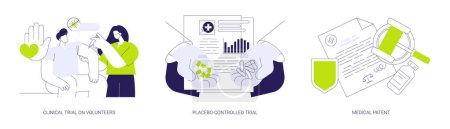 Clinical research abstract concept vector illustration set. Clinical trial on volunteers, placebo-controlled trial, medical patent, disease treatment, pharmaceutical company abstract metaphor.