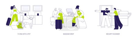 Illustration for Commercial air transport abstract concept vector illustration set. Flying with a pet, baggage drop, security scanner, metal detector, checks-in on the plane, departure and arrival abstract metaphor. - Royalty Free Image