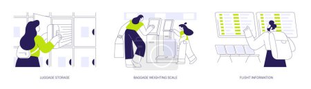 Illustration for Airport facilities abstract concept vector illustration set. Luggage storage, baggage weighting scale, flight status information, airport timetable, airway transportation abstract metaphor. - Royalty Free Image