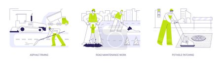 Illustration for Road maintenance and repair abstract concept vector illustration set. Asphalt paving, road maintenance work, pothole patching, asphalt construction, industrial engineering abstract metaphor. - Royalty Free Image