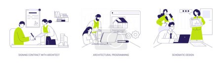 Illustration for Architectural firm abstract concept vector illustration set. Signing contract with architect, architectural programming, schematic building design, commercial construction firm abstract metaphor. - Royalty Free Image