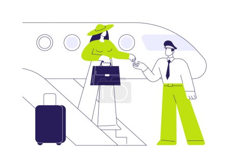 Illustration for Meeting VIP passenger abstract concept vector illustration. Private jet worker meets VIP guest, business class travel, company executive, passenger exits the plane, luxury trip abstract metaphor. - Royalty Free Image