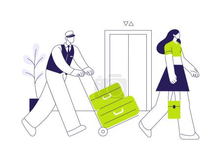 Illustration for Porter service abstract concept vector illustration. Porter service man carrying the passengers suitcases, business class travel, making travelling easy, guest greeting abstract metaphor. - Royalty Free Image
