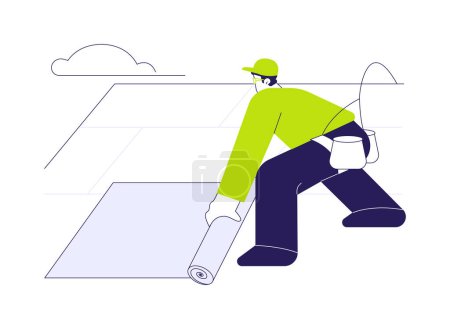 Illustration for Installing roof underlayment abstract concept vector illustration. Handyman with roofing felt, roofing paper, private house building process, moisture barrier installation abstract metaphor. - Royalty Free Image
