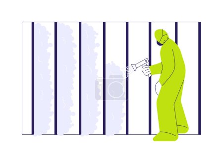 Illustration for Spray foam insulation abstract concept vector illustration. Construction worker in protective suit sprays protection foam on wall, residential area building, insulation aerosol abstract metaphor. - Royalty Free Image