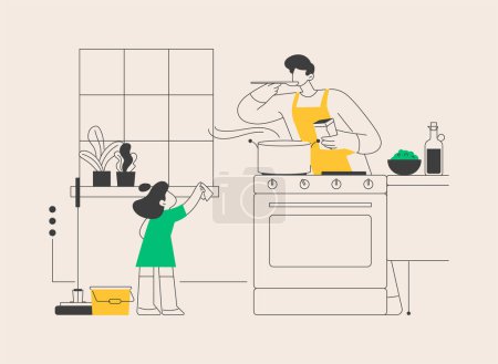 Illustration for Dads and housework abstract concept vector illustration. Dad doing housework, chores at home, father son daughter folding clothes, fun cooking, cleaning together, wash dishes abstract metaphor. - Royalty Free Image