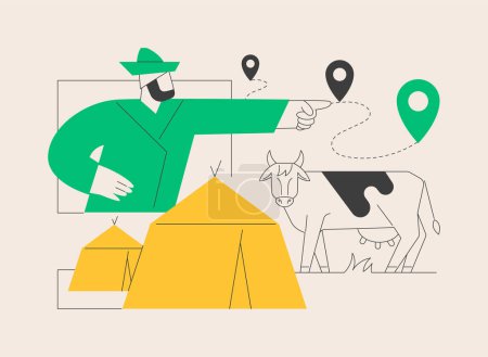 Nomadism abstract concept vector illustration. Without fixed habitation, rural nomad, hunters gatherers pastoral, non-sedentary people, movement, inside tents, riding a horse abstract metaphor.