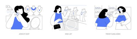 Illustration for Buying accessories isolated cartoon vector illustrations set. girl trying on earrings in a jewelry store, shopping wish list, dreaming about jewelry, choose trendy sunglasses vector cartoon. - Royalty Free Image