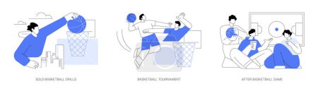 Illustration for Basketball isolated cartoon vector illustrations set. Athlete throw ball into the basket, training alone, local tournament, diverse team playing together, friends relax after game vector cartoon. - Royalty Free Image