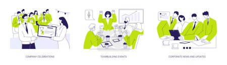 Corporate Events abstraktes Konzept Vektor Illustration Set. Firmenfeiern, Teambuilding-Veranstaltungen, Corporate News und Aktuelles, Mitarbeiterbestuhlung, Workshops und Aktivitäten abstrakte Metapher.