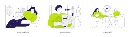 Téléchargez les photos : Volunteer donation abstract concept vector illustration set. Blood and plasma donation in hospital, living donor, charity project, kidney transplantation, emergency room abstract metaphor. - en image libre de droit