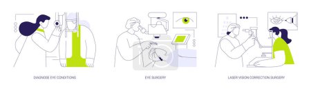 Ophthalmic surgery abstract concept vector illustration set. Diagnose eye conditions, eye surgery, laser vision correction, cataract and glaucoma treatment, optometry abstract metaphor.