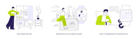 Illustration for Smartwatch features abstract concept vector illustration set. Find phone feature, smartwatch as a fitness tracker, reply to messages with smartwatch, wireless connection abstract metaphor. - Royalty Free Image