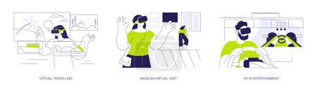 Téléchargez les photos : Réalité virtuelle et temps libre concept abstrait vectoriel illustration ensemble. Voyages virtuels, visite virtuelle de musée, VR dans le divertissement, technologie moderne, jeu en lunettes VR métaphore abstraite. - en image libre de droit