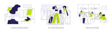 Illustration for Airport environment abstract concept vector illustration set. Automated border control, duty free shopping area, airport waiting area for passengers, international terminal abstract metaphor. - Royalty Free Image