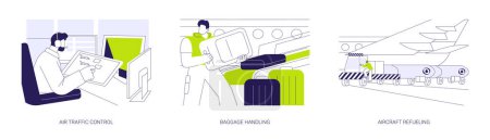 Téléchargez les photos : Ensemble d'illustrations vectorielles abstraites de l'industrie aéronautique. Contrôle de la circulation aérienne, manutention des bagages, chargement des bagages dans un avion, ravitaillement des avions, tour de contrôle dans la métaphore abstraite de l'aéroport. - en image libre de droit