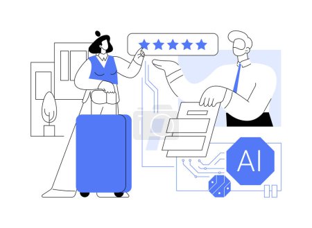 Ilustración vectorial concepto abstracto AI-Personalized Guest Experience. Hospitalidad. Experiencias de huéspedes personalizadas, recomendaciones de alojamiento y servicios. Tecnología AI. metáfora abstracta.