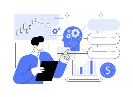 Illustration vectorielle abstraite du concept de conseils financiers soutenus par l'IA. Finances personnelles. Conseils financiers et recommandations d'investissement fondés sur l'analyse de l'IA. Technologie IA. métaphore abstraite.