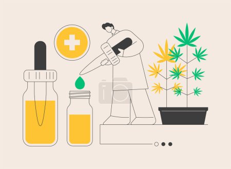 Illustration for Hemp seed oil abstract concept vector illustration. CBD oil use, cannabis sativa plant pharmacy, fatty acid, human health, pain and inflammation relief, dietary supplement abstract metaphor. - Royalty Free Image