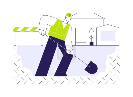 Digging trenches abstract concept vector illustration. Repairman digs a trench to install a drainage system, private house building, residential construction, exterior works abstract metaphor.