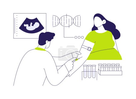 Genetic screening for birth defects abstract concept vector illustration. Doctor takes blood for tests from pregnant woman, genetics screening, hereditary disorders diagnosis abstract metaphor.