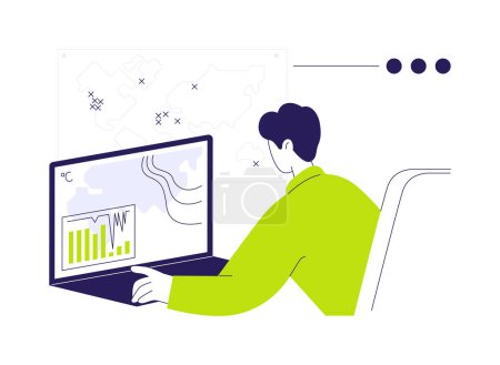 Illustration for Environmental data management abstract concept vector illustration. Man with laptop forecasting, controls climate changing, ecology industry, environmental scientist abstract metaphor. - Royalty Free Image