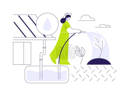 Rainwater harvesting abstract concept vector illustration. Woman using rainwater harvesting system, ecology environment, sustainable building, eco-friendly architecture abstract metaphor.