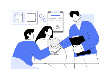 Ilustración de Acquiring mortgage isolated cartoon vector illustrations. Young couple getting a mortgage, handshake with loan officer, real estate purchase, talking with broker, property owners vector cartoon. - Imagen libre de derechos