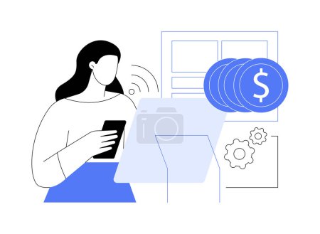 Self-service bank terminal isolated cartoon vector illustrations. Woman making bill payments using smartphone in bank terminal, desk-free branch, funds remittance, money transfer vector cartoon.
