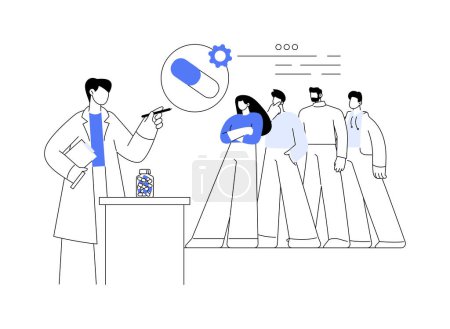 Clinical trial abstract concept vector illustration. Doctor in uniform signs up volunteers for clinical trials, medicine sector, pharmaceutical market, drug testing process abstract metaphor.