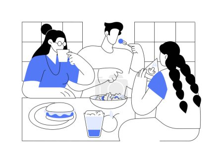 Illustration for Sharing lunch isolated cartoon vector illustrations. Group of happy teens eating lunch together in dining room, student life, campus daily routine, diversity of university food vector cartoon. - Royalty Free Image