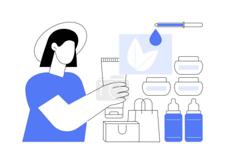 Illustration for Organic cosmetics isolated cartoon vector illustrations. Girl choosing eco cosmetics in beauty shop, natural skin care, people lifestyle, pay attention to product ingredients vector cartoon. - Royalty Free Image