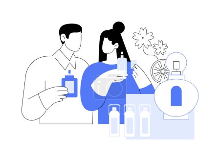 Illustration for Favorite fragrance isolated cartoon vector illustrations. Smiling couple choosing perfume in cosmetics shop, people lifestyle, luxury beauty products, buy gift in makeup store vector cartoon. - Royalty Free Image