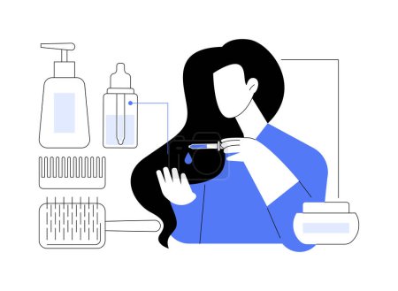Illustration for Hair care product isolated cartoon vector illustrations. Attractive girl applying oil mask to hair, people lifestyle, beauty procedures, home treatment, women daily rituals vector cartoon. - Royalty Free Image