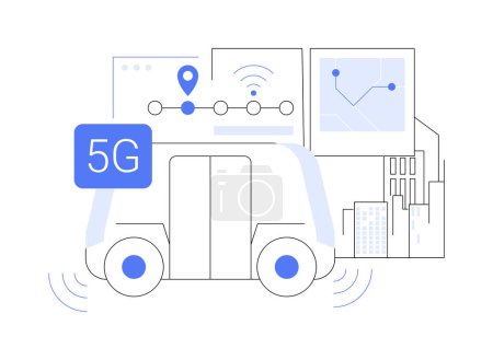 Illustration for 5G autonomous vehicles isolated cartoon vector illustrations. 5G autonomous bus on street, modern technology, connectivity industry, Internet of Things, artificial intelligence vector cartoon. - Royalty Free Image