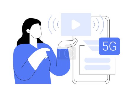 Foto de 5G streaming isolated cartoon vector illustrations. Attractive girl with smartphone streaming with high-speed internet connection, modern 5G technology, broadcasting process vector cartoon. - Imagen libre de derechos