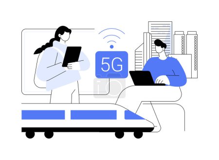 Illustration for 5G public Wi-Fi isolated cartoon vector illustrations. Group of diverse using 5G technology internet in public transport, network connectivity, wireless access to Internet vector cartoon. - Royalty Free Image